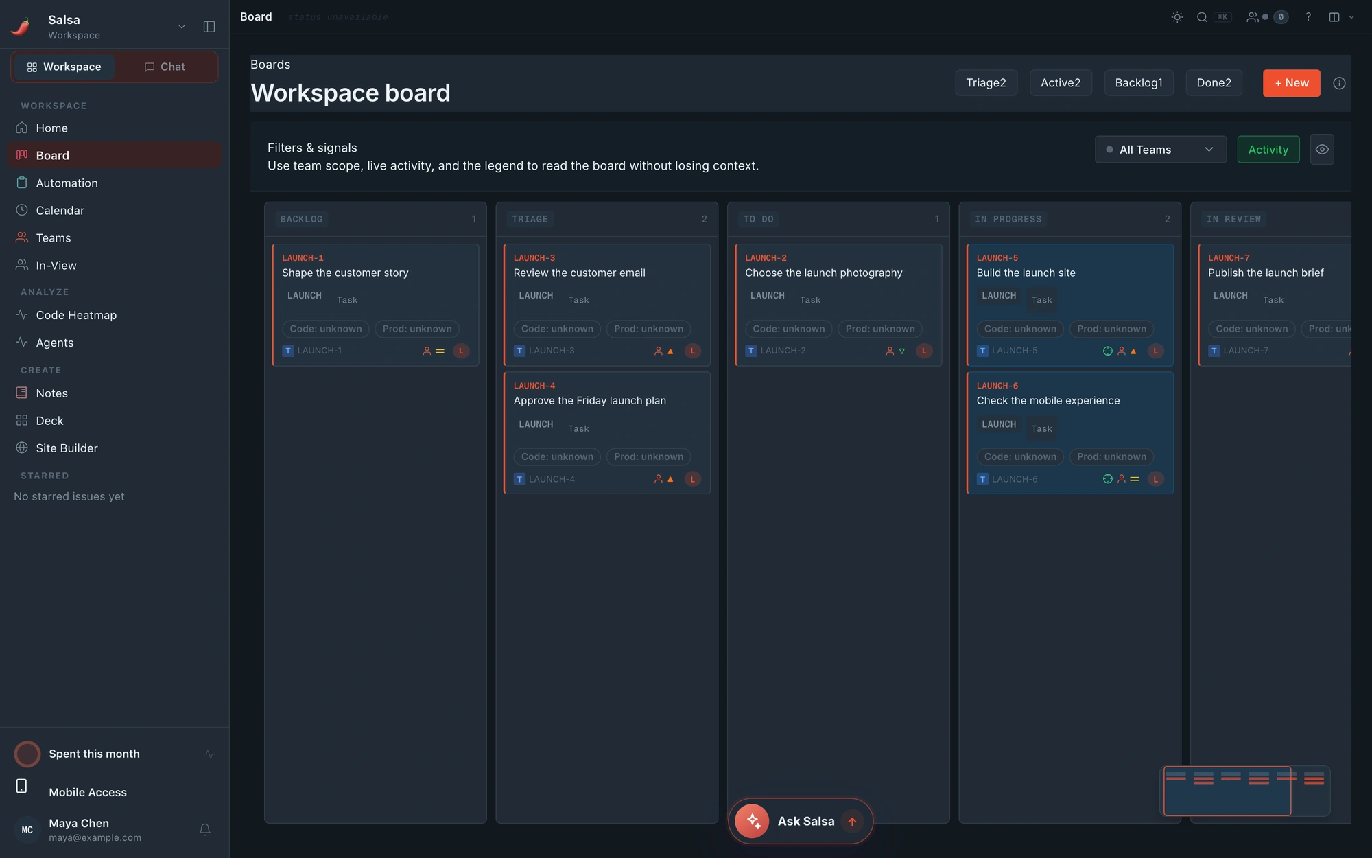 Actual Salsa Board with Friday launch tasks organized by status, priority, and ownership