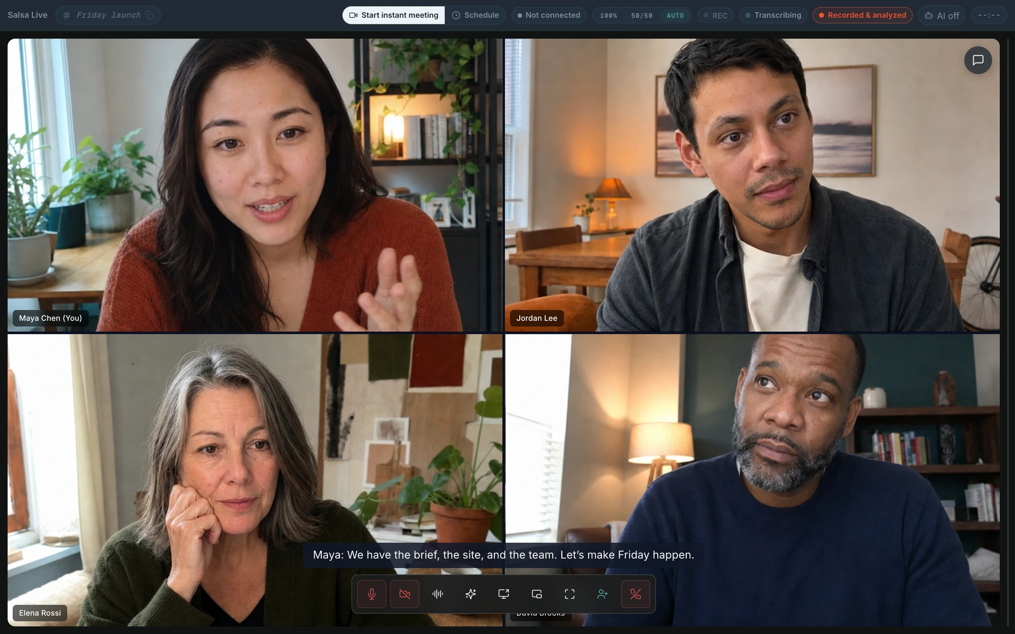 Current Salsa In-View interface with four fictional participants and native meeting controls