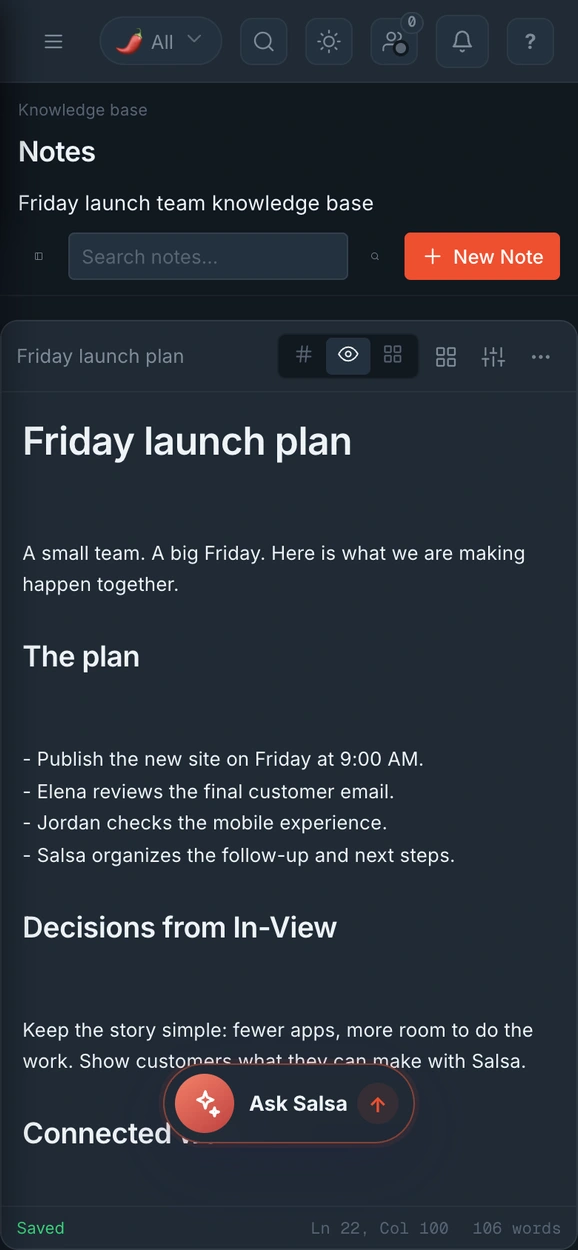 Current Salsa Notes at phone width with the shared Friday launch plan